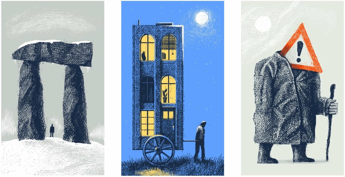 Drei Illustrationen eines Mannes und einer Frau in einem Haus.